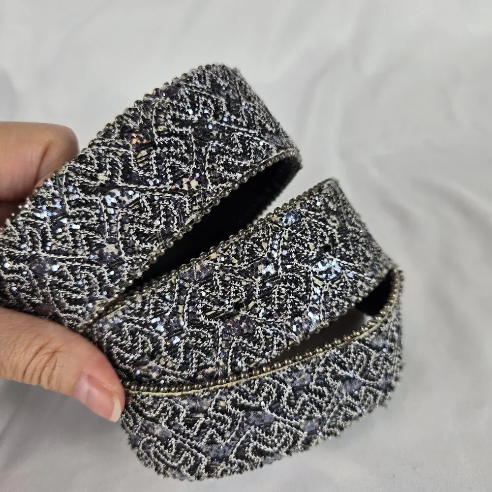 Blue Silver Glitter Accented Belt Metal Buckle with Blue Crystal & Stone Accents